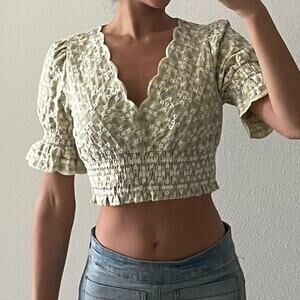 Yellow and Blue Plaid and Embroidered Crop Top